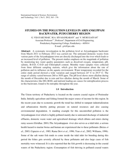 Studies on the Pollution Levels in Ariyankuppam Backwater, Puducherry Region G