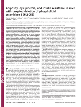 Adiposity, Dyslipidemia, and Insulin Resistance in Mice with Targeted Deletion of Phospholipid Scramblase 3 (PLSCR3)