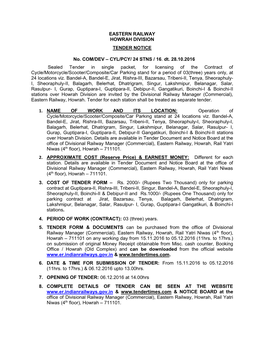 EASTERN RAILWAY HOWRAH DIVISION TENDER NOTICE No