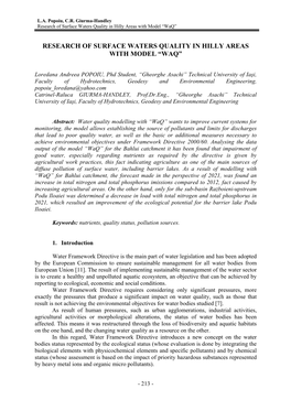 Research of Surface Waters Quality in Hilly Areas with Model “Waq”