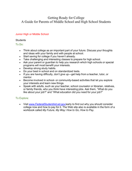 Getting Ready for College a Guide for Parents of Middle School and High School Students