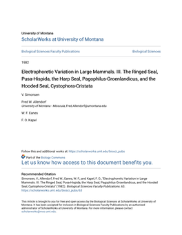 Electrophoretic Variation in Large Mammals. III. the Ringed Seal, Pusa-Hispida, the Harp Seal, Pagophilus-Groenlandicus, and the Hooded Seal, Cystophora-Cristata