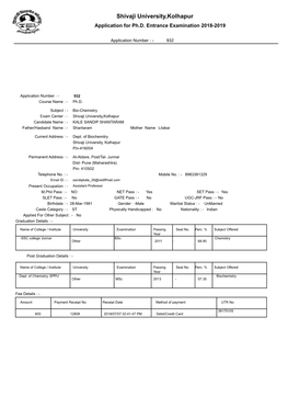 Shivaji University,Kolhapur Application for Ph.D