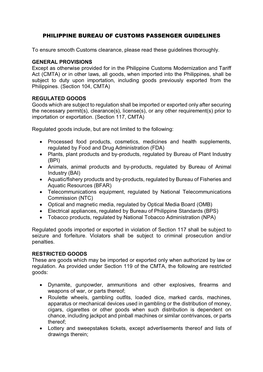 PHILIPPINE BUREAU of CUSTOMS PASSENGER GUIDELINES To