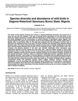 Species Diversity and Abundance of Wild Birds in Dagona-Waterfowl Sanctuary Borno State, Nigeria