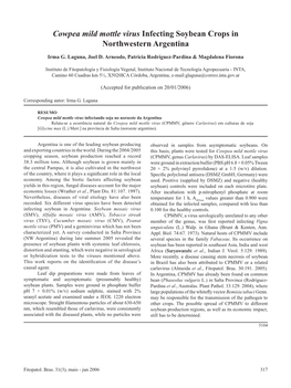 Cowpea Mild Mottle Virus Infecting Soybean Crops in Northwestern Argentina