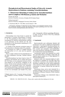 Photophysical and Photochemical Studies of Polycyclic Aromatic Hydrocarbons in Solutions Containing Tetrachloromethane