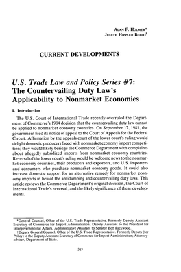 U.S. Trade Law and Policy Series #7: the Countervailing Duty Law's Applicability to Nonmarket Economies