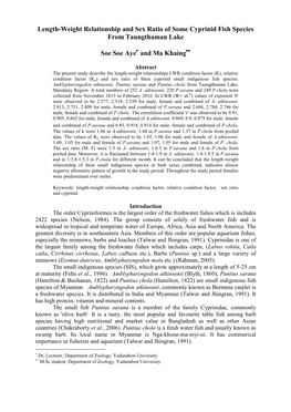 Length-Weight Relationship and Sex Ratio of Some Cyprinid Fish Species from Taungthaman Lake