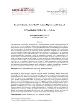 Cretan Turks at the End of the 19Th Century: Migration and Settlement