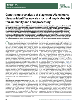 Genetic Meta-Analysis of Diagnosed Alzheimer's Disease Identifies New Risk Loci and Implicates Aβ, Tau, Immunity and Lipid Pr