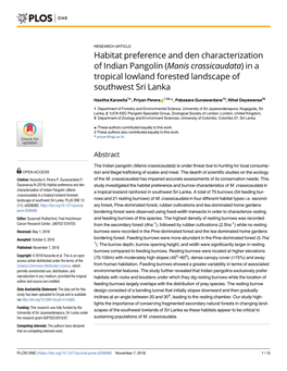 Manis Crassicaudata) in a Tropical Lowland Forested Landscape of Southwest Sri Lanka