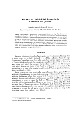 Survival After Nonlethal Shell Damage in the Gastropod Conus Sponsalis 1