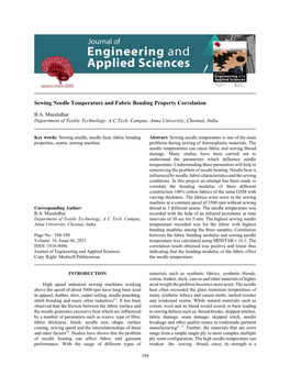 Sewing Needle Temperature and Fabric Bending Property Correlation