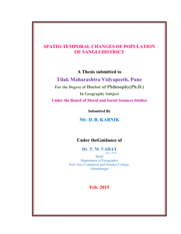 Tilak Maharashtra Vidyapeeth, Pune for the Degree of Doctor of Philosophy(Ph.D.) in Geography Subject Under the Board of Moral and Social Sciences Studies