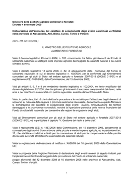Ministero Delle Politiche Agricole Alimentari E Forestali Decreto 4 Settembre 2009 Dichiarazione Dell'esistenza Del Carattere D