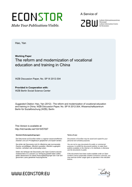 The Reform and Modernization of Vocational Education and Training in China