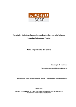 Sociedades Anónimas Desportivas Em Portugal E a Sua Solvência Nas Ligas Profissionais De Futebol