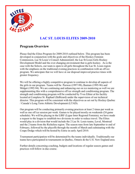 LAC ST. LOUIS ELITES 2009-2010 Program Overview