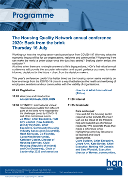 The Housing Quality Network Annual Conference 2020: Back from the Brink Thursday 16 July