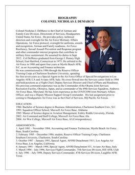 Biography Colonel Nicholas J. Demarco