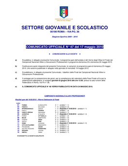 Settore Giovanile E Scolastico 00198 Roma – Via Po, 36