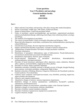 Exam Questions Year 5 Psychiatry and Narcology General Medicine Faculty BSMU (2019/2020)