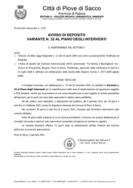 Avviso Di Deposito Variante N. 32 Al P.I