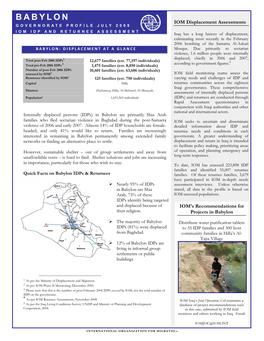 BABYLON IOM Displacement Assessments GOVERNORATE PROFILE JULY 2009