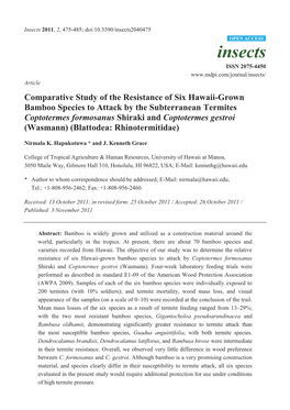 Comparative Study of the Resistance of Six Hawaii-Grown Bamboo