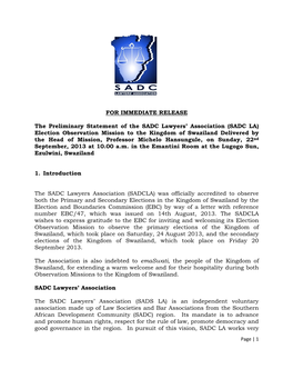 FOR IMMEDIATE RELEASE the Preliminary Statement of the SADC