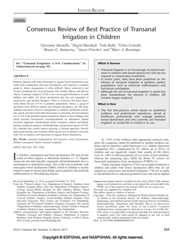 Consensus Review of Best Practice of Transanal Irrigation in Children �Giovanni Mosiello, Ydavid Marshall, Zudo Rolle, §Ce´Lia Cre´Tolle, Jjbruno G