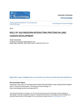 Role of Sulfiredoxin Interacting Proteins in Lung Cancer Development