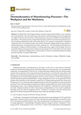 Thermodynamics of Manufacturing Processes—The Workpiece and the Machinery