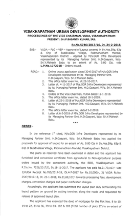 VISAKHAPATNAM URBAN DEVELOPMENT AUTHORITY PROCEEDINGS of the VICE CHAIRMAN, VUDA, VISAKHAPATNAM PRESENT:: Sti.P.BASANTH KUMA& IAS