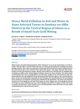 Heavy Metal Pollution in Soil and Water in Some Selected Towns in Dunkwa-On-Offin District in the Central Region of Ghana As a Result of Small Scale Gold Mining