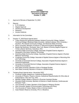 AGENDA INITIATIVES COMMITTEE Ohio Board of Regents October 17, 2002