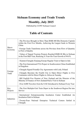 Sichuan Economy and Trade Trends Monthly, July 2015 Table of Contents