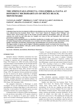 The Springtails (Insecta: Collembola) Fauna at Different Microhabitats of Bečići Beach, Montenegro