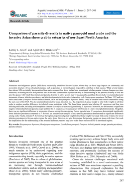 Comparison of Parasite Diversity in Native Panopeid Mud Crabs and the Invasive Asian Shore Crab in Estuaries of Northeast North America