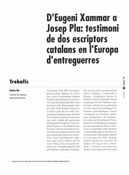 D'euaeni Xammar a Josep Pla: Testimoni De Dos Escriptors Catalans En I'europa - D'entreguerres