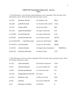 CHEM 1411 Nomenclature Homework - Answers Part I