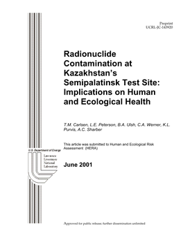 Radionuclide Contamination at Kazakhstan's Semipalatinsk Test Site