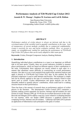 Performance Analysis of T20-World Cup Cricket 2012 Ananda B