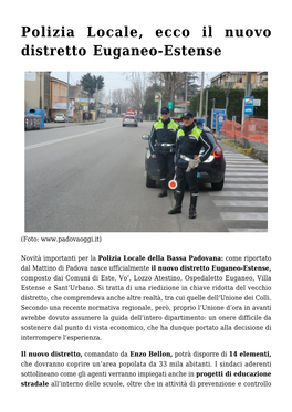 Polizia Locale, Ecco Il Nuovo Distretto Euganeo-Estense