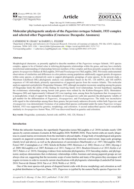 Molecular Phylogenetic Analysis of the Paguristes Tortugae Schmitt, 1933 Complex and Selected Other Paguroidea (Crustacea: Decapoda: Anomura)