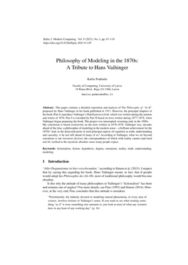 Philosophy of Modeling in the 1870S: a Tribute to Hans Vaihinger