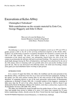 Excavations at Kelso Abbey Christophe Tabrahamrj * with Contribution Ceramie Th N So C Materia Eoiy B L N Cox, George Haggart Johd Yhursan N G T