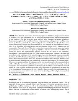 Assessment of the Environmental Effects of 2012 Floods in Aguleri and Umuleri, Anambra East Local Government Area of Anambra State, Nigeria