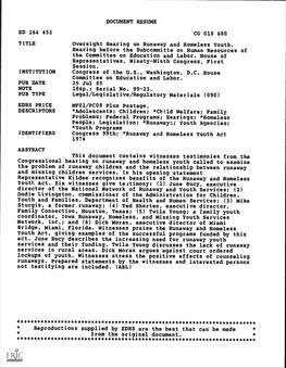 Oversight Hearing on Runaway and Homeless Youth. Hearing Before the Subcommitte on Human Resources of the Committee on Education and Labor